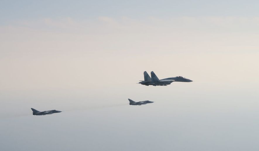 A view of Russian fighter jets violating the airspace, east of Gotland,  Sweden, Wednesday March 2, 2022. Sweden says four Russian fighter jets violated its airspace over the Baltic Sea on Wednesday. The four aircrafts  two SU-27 and two SU-24 fighters  flew briefly over Swedish airspace east of the island of Gotland, according to a statement from the Swedish Armed Forces. (Swedish Air Force/TT News Agency via AP)