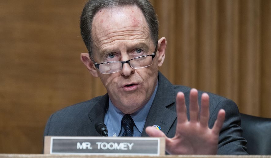 Sen. Pat Toomey, R-Pa., speaks during a Senate Banking Committee hearing, Thursday, March 3, 2022 on Capitol Hill in Washington. (Tom Williams, Pool via AP)