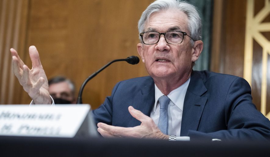 Federal Reserve Chairman Jerome Powell testifies during a Senate Banking Committee hearing, Thursday, March 3, 2022 on Capitol Hill in Washington. (Tom Williams, Pool via AP)