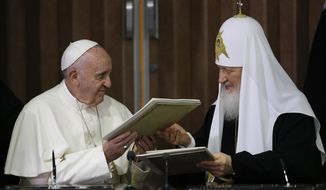 Pope Francis, left, and Russian Orthodox Patriarch Kirill exchange a joint declaration on religious unity in Havana, Cuba on Feb. 12, 2016. The head of the Polish bishops’ conference had done what Pope Francis has so far avoided doing by publicly condemning Russia’s invasion of Ukraine. Archbishop Stanislaw Gadecki also publicly urged the head of the Russian Orthodox Church to use his influence on Vladimir Putin to demand an end to the war and for Russian soldiers to stand down. “The time will come to settle these crimes, including before the international courts,&amp;quot; Gadecki warned in his March 2 letter to Patriarch Kirill. (AP Photo/Gregorio Borgia, Pool)