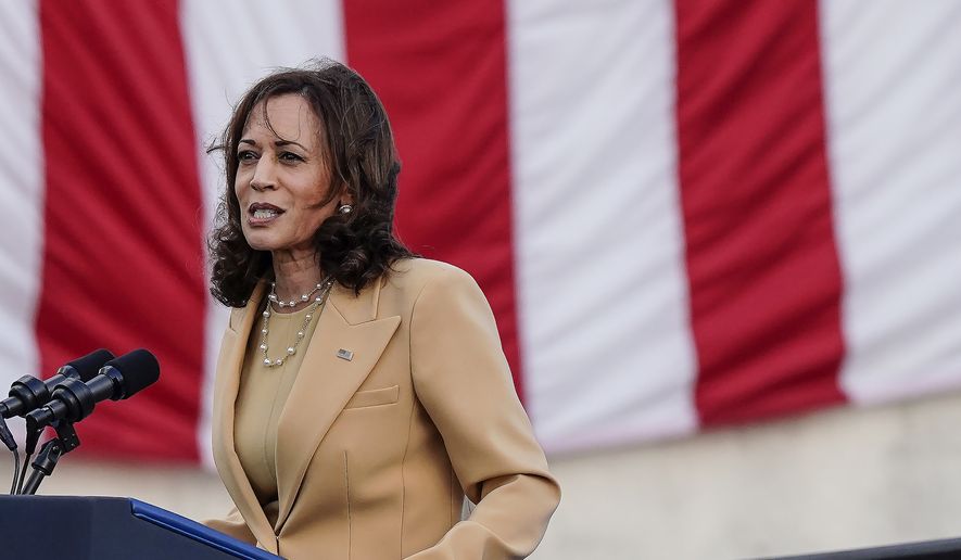 Vice President Kamala Harris speaks near the Edmund Pettus Bridge in Selma, Ala., on the anniversary of &quot;Bloody Sunday,&quot; a landmark event of the civil rights movement, Sunday, March 6, 2022. (AP Photo/Brynn Anderson)
