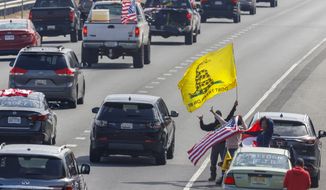 People on the side of the road watch as trucks and other vehicles with the People Convoy of Truckers, protesting COVID-19 mandates and other issues, head South on Interstate I-270 Sunday, March 6, 2022, in Frederick, Md., toward the Capital Beltway. (AP Photo/Jon Elswick)