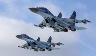 Su-27 fighter jets fly above a military base in the Zhytomyr region, Ukraine, on Dec. 6, 2018. Ukraine&#x27;s President Volodymyr Zelenskyy has made a “desperate” plea to the United States to help Kyiv get more warplanes to fight Russia&#x27;s invasion. (Mikhail Palinchak, Presidential Press Service via AP)