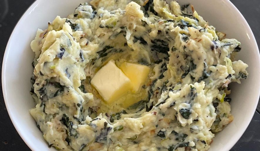 A recipe for Colcannon, a classic Irish medley of mashed potatoes and greens, appears in New Milford, Conn., on Feb. 28, 2022. (Katie Workman via AP)