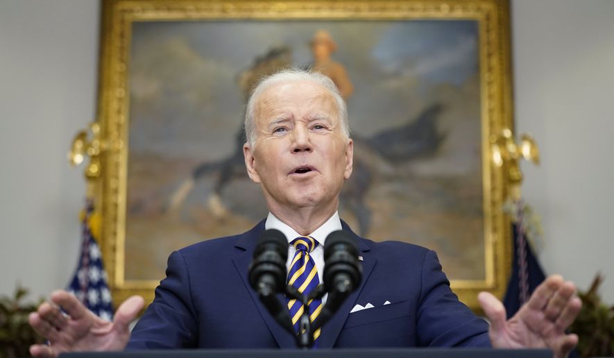President Joe Biden announces a ban on Russian oil imports, toughening the toll on Russia&#39;s economy in retaliation for its invasion of Ukraine, Tuesday, March 8, 2022, in the Roosevelt Room at the White House in Washington. (AP Photo/Andrew Harnik)