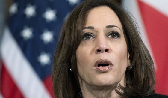 Vice President Kamala Harris speaks while meeting with Bahrain&#39;s Crown Prince and Prime Minister, Salman bin Hamad Al Khalifa, March 4, 2022, in her ceremonial office at the Eisenhower Executive Office Building on the White House complex in Washington. Harris heads to Warsaw on Wednesday in what is supposed to be an opportunity to display the Biden administration’s thanks to Poland for taking in hundreds of thousands of Ukrainians fleeing their country after the Russian invasion. Instead, she finds herself parachuting into the middle of unexpected diplomatic turbulence. (AP Photo/Jacquelyn Martin, File)
