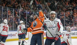 Washington Capitals&#39; Alex Ovechkin (8) looks on as Edmonton Oilers&#39; Brad Malone (24) celebrates his team&#39;s goal during the second period of an NHL hockey game Wednesday, March 9, 2022 in Edmonton, Alberta.(Amber Bracken/The Canadian Press via AP)