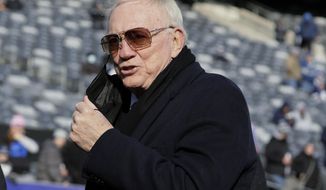 Dallas Cowboys owner Jerry Jones walks on the field before an NFL football game between the New York Giants and the Cowboys on Dec. 19, 2021, in East Rutherford, N.J. Alexandra Davis, 25, who grew up in North Texas, is suing Jones, claiming he is her biological father. Alexandra Davis says in a lawsuit filed last week in Dallas County that she was conceived from a relationship Jones had with her mother, Cynthia Davis, in the mid-1990s, The Dallas Morning News reported Wednesday, March 9, 2022. (AP Photo/Corey Sipkin, File)