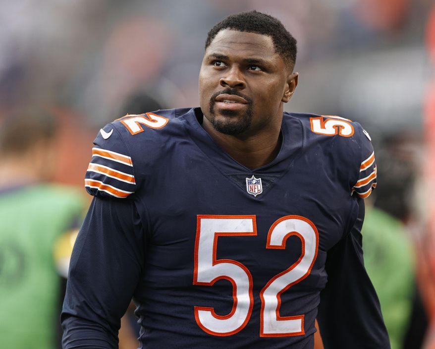 Chicago Bears&#x27; Khalil Mack walks off the field after an NFL football game against the Detroit Lions, Oct. 3, 2021, in Chicago. The Los Angeles Chargers have agreed to acquire Mack from the Bears in exchange for two draft picks, two people familiar with the negotiations confirmed to The Associated Press on Thursday, March 10, 2022. The people spoke on condition of anonymity because the trade cannot become official until the start of the new league year on Wednesday. (AP Photo/Kamil Krzaczynski, File) **FILE**