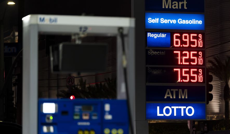 Gas prices are displayed at a Mobil gas station in West Hollywood, Calif., Tuesday, March 8, 2022. The average price for a gallon of gasoline in the U.S. hit a record $4.17 on Tuesday as the country prepares to ban Russian oil imports. (AP Photo/Jae C. Hong)
