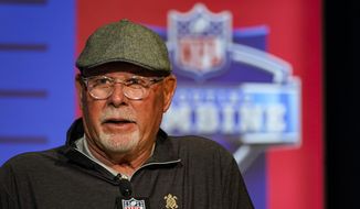Tampa Bay Buccaneers head coach Bruce Arians speaks during a press conference at the NFL football scouting combine in Indianapolis, Tuesday, March 1, 2022. (AP Photo/Michael Conroy) **FILE**
