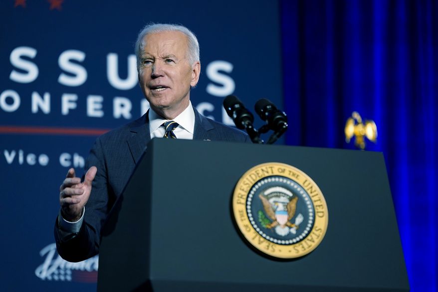 President Joe Biden speaks at the House Democratic Caucus Issues Conference, Friday, March 11, 2022, in Philadelphia. (AP Photo/Patrick Semansky)