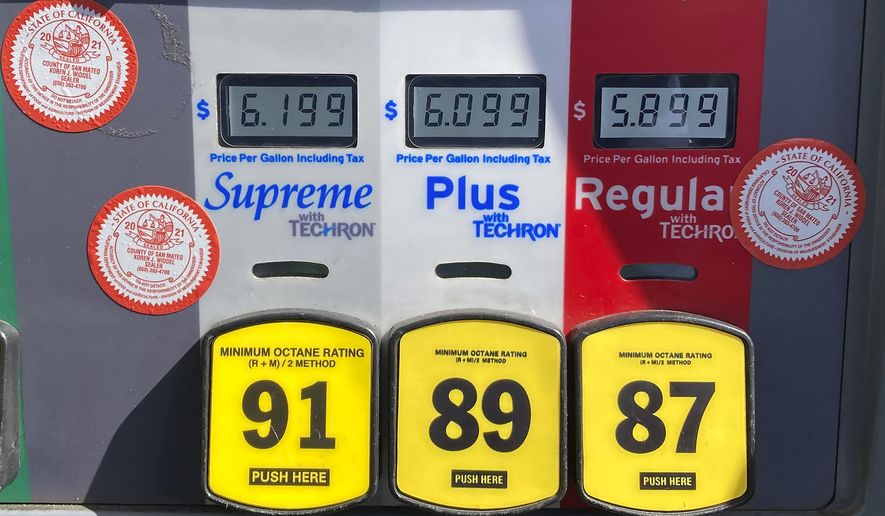 Prices are shown at a gas station&#x27;s pump in South San Francisco, Calif., Wednesday, March 9, 2022. (AP Photo/Jeff Chiu)