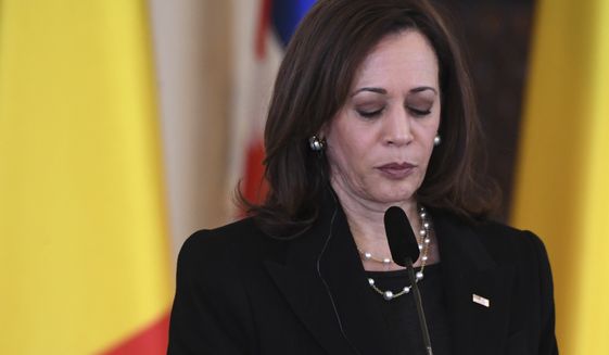 U.S. Vice President Kamala Harris holds a joint press conference following her meeting with Romanian President Klaus Iohannis at Cotroceni Palace in Otopeni, Romania, Friday, March 11, 2022. (Saul Loeb/Pool Photo via AP) ** FILE **
