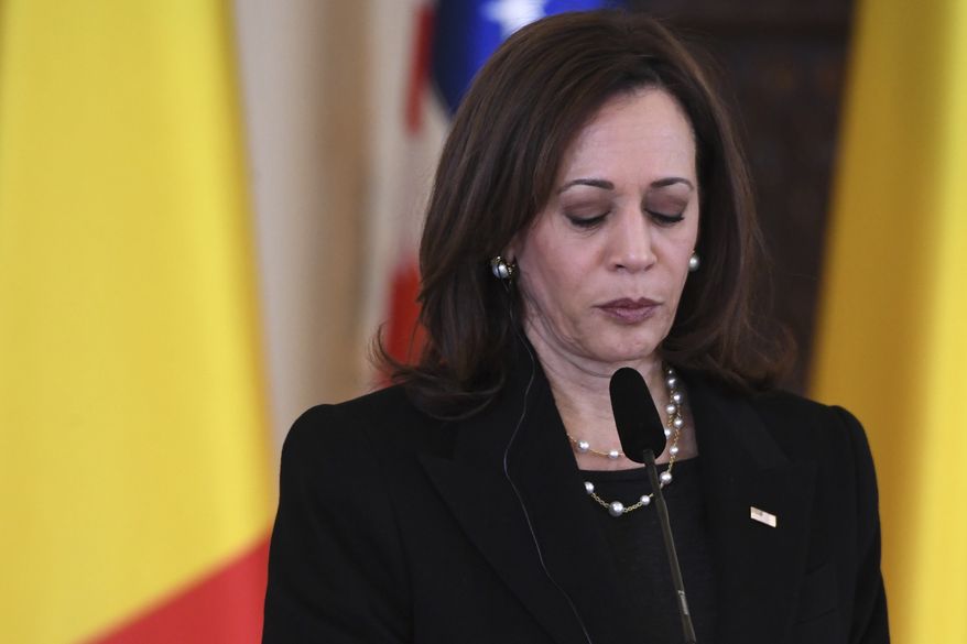 U.S. Vice President Kamala Harris holds a joint press conference following her meeting with Romanian President Klaus Iohannis at Cotroceni Palace in Otopeni, Romania, Friday, March 11, 2022. (Saul Loeb/Pool Photo via AP) ** FILE **