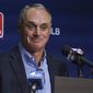 Baseball Commissioner Rob Manfred holds a news conference after baseball players and owners voted to approve a new labor agreement, Thursday March 10, 2022, in New York. “I am genuinely thrilled to say Major League Baseball is back and we&#39;re going to play 162 games,” Manfred said. “I want to start by apologizing to our fans. I know the last few months have been difficult.” (AP Photo/Bebeto Matthews)
