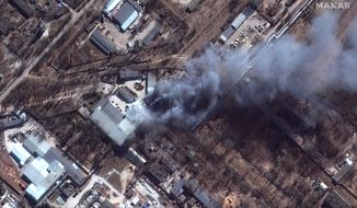 This satellite image provided by Maxar Technologies shows a closeup view of fires in an industrial area and nearby fields in southern Chernihiv, Ukraine, during the Russian invasion, Thursday, March 10, 2022. (Satellite image ©2022 Maxar Technologies via AP)