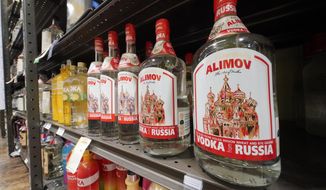 This is a display of Alimov Vodka, from Russia, in a Total Wine and More store in University Park, Fla., on Sunday, Feb. 27, 2022. In escalating the U.S. drive to squeeze Russia&#39;s economy, President Joe Biden moved Friday, March 11, with European and other key allies, to revoke Moscow’s “most favored nation” trade status. His administration also banned imports of Russian seafood, alcohol and diamonds. (AP Photo/Gene J. Puskar, File)