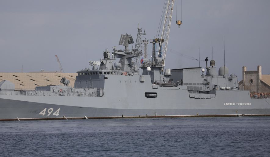 A Russian warship is docked in the Port Sudan, in Port Sudan, Sudan, on Feb. 28, 2021. The Interfax News Agency cited the press service of the Russian Navy&#39;s Black Sea Fleet saying the frigate Admiral Grigorovich arrived at Port Sudan where a naval facility will be established, according to the agreement between Russia and Republic of the Sudan. (AP Photo, File)