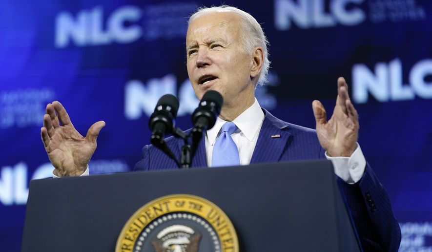 President Joe Biden speaks at the National League of Cities Congressional City Conference, Monday, March 14, 2022, in Washington. (AP Photo/Patrick Semansky)