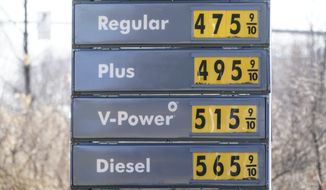 Gas prices are displayed at a filling station in Yardley, Pa., Monday, March 14, 2022. (AP Photo/Matt Rourke)