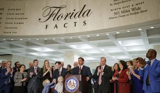 Florida Gov. Ron DeSantis responds to questions from the media at the close of the legislative session on Monday, March 14, 2022. (Alicia Devine/Tallahassee Democrat via AP)