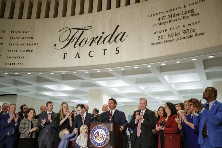 Florida Gov. Ron DeSantis responds to questions from the media at the close of the legislative session on Monday, March 14, 2022. (Alicia Devine/Tallahassee Democrat via AP)