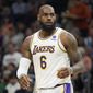 Los Angeles Lakers forward LeBron James (6) during the first half of an NBA basketball game against the Phoenix Suns, Sunday, Jan. 13, 2022, in Phoenix. (AP Photo/Rick Scuteri)