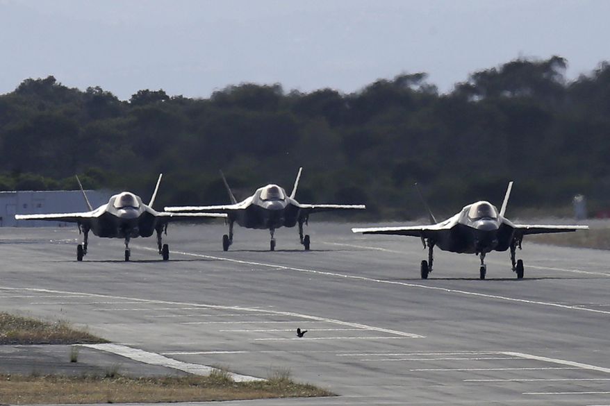 F-35B aircraft pass on a runway after landing at the Akrotiri Royal air forces base near the city of Limassol, Cyprus, Tuesday, May 21, 2019. Germany announced Monday that it will replace its aging fleet of Tornado bomber jets with U.S.-made F-35 Lighting II aircraft capable of carrying nuclear weapons. (AP Photo/Petros Karadjias, File)