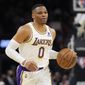 Los Angeles Lakers guard Russell Westbrook (0) during the first half of an NBA basketball game against the Phoenix Suns, Sunday, Jan. 13, 2022, in Phoenix. (AP Photo/Rick Scuteri) **FILE**