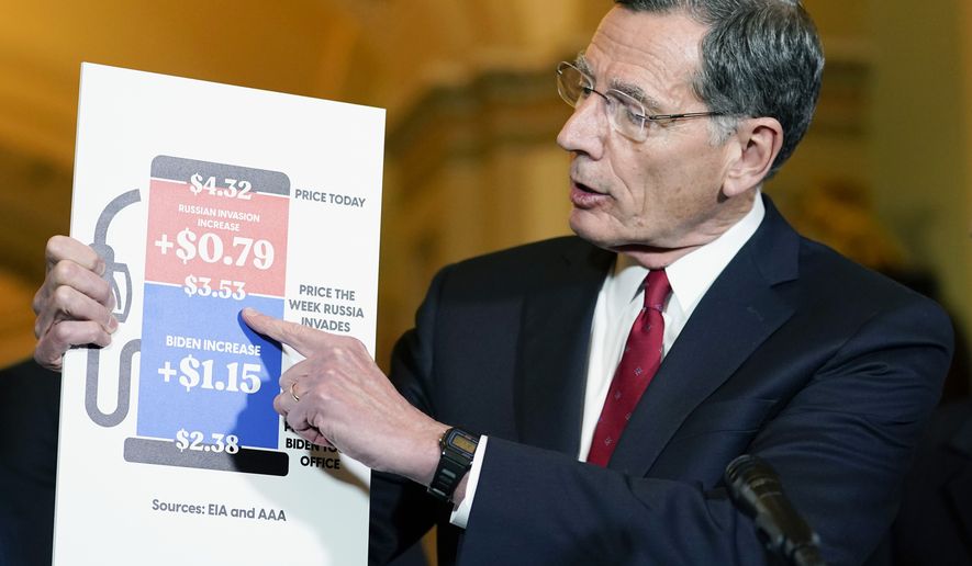 Sen. John Barrasso, R-Wyo., speaks to reporters after a Republican strategy meeting at the Capitol in Washington, Tuesday, March 15, 2022. (AP Photo/Mariam Zuhaib)