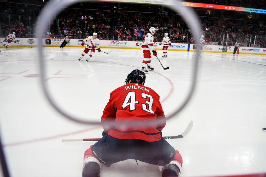 Washington Capitals Right Wing Tom Wilson (43) getting ready for 2nd period against the Carolina Hurricanes at Capital One Arena in Washington D.C., March 3, 2022. (Photo by All-Pro Reels)