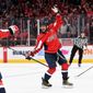 Washington Capitals Left Wing Alex Ovechkin (8) celebrating his 767th career goal during the 3rd period against the New York Islanders at Capital One Arena in Washington D.C., March 15, 2022. (Photo by All-Pro Reels)