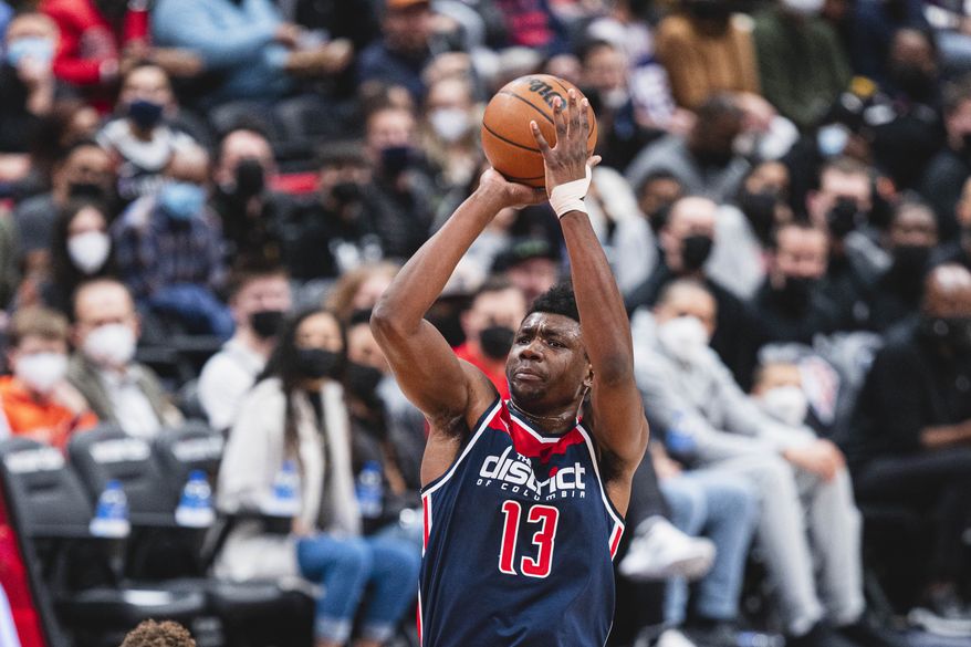 Washington Wizards Thomas Bryant with a jump shot against the Brooklyn Nets at the Capital One Arena in Washington D.C., Feb. 10, 2022. (Photo by All-Pro Reels)