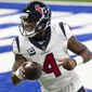Houston Texans quarterback Deshaun Watson (4) celebrates a touchdown during the team&#39;s NFL football game against the Indianapolis Colts on Dec. 20, 2020, in Indianapolis. Several teams are scrambling to find a quarterback. Some of those, including Carolina, New Orleans and Cleveland, have been in discussions with Watson, who sat out last season. (AP Photo/Zach Bolinger, File)