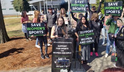 Save Women&#39;s Sports president Beth Stelzer speaks at a press conference March 17, 2021, to protest Lia Thomas&#39;s participation in the NCAA Division l women&#39;s swimming championships at Georgia Tech&#39;s McAuley Aquatic Center in Atlanta.