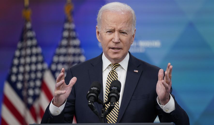 President Joe Biden speaks about additional security assistance that his administration will provide to Ukraine in the South Court Auditorium on the White House campus in Washington, Wednesday, March 16, 2022. (AP Photo/Patrick Semansky)