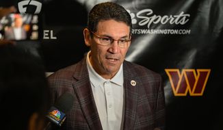Washington Commanders head coach Ron Rivera answers questions from reporters after the Carson Wentz introductory press conference at Inova Sports Performance Center in Ashburn, Va., March 17, 2022. (Photo by Brian Murphy, All-Pro Reels)