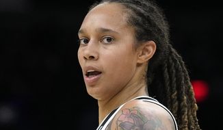 FILE - Phoenix Mercury center Brittney Griner is shown during the first half of Game 2 of basketball&#x27;s WNBA Finals against the Chicago Sky, Wednesday, Oct. 13, 2021, in Phoenix. A Moscow court announced it has extended the arrest of WNBA star Brittney Griner until May 19, according to the Russian state news agency Tass. Griner was detained at a Moscow airport in February after Russian authorities said a search of her luggage revealed vape cartridges. They were identified as containing oil derived from cannabis, which could carry a maximum penalty of 10 years in prison. (AP Photo/Rick Scuteri, File)