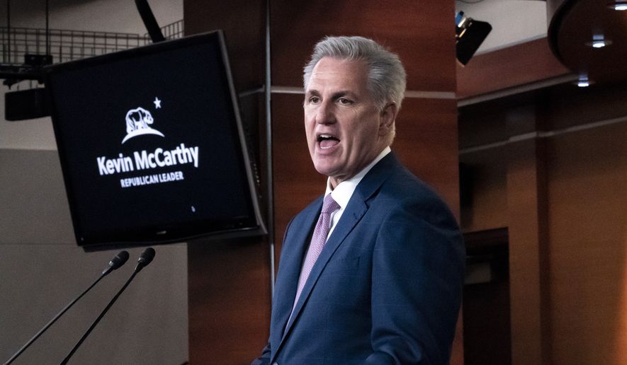 House Minority Leader Kevin McCarthy, R-Calif., speaks to reporters at his weekly news conference, at the Capitol in Washington, Friday, March 18, 2022. (AP Photo/J. Scott Applewhite) ** FILE **