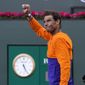 Rafael Nadal, of Spain, reacts to the crowd after losing to Taylor Fritz in the men&#39;s singles finals at the BNP Paribas Open tennis tournament Sunday, March 20, 2022, in Indian Wells, Calif. Fritz won 6-3, 7-6. (AP Photo/Mark J. Terrill)