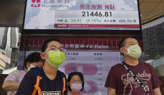 People walk past a bank&#39;s electronic board showing the Hong Kong share index at Hong Kong Stock Exchange Monday, March 21, 2022. Asian stock markets were mixed Monday after Wall Street turned in its biggest weekly gain in 16 months as investors watched efforts to negotiate an end to Russia’s war on Ukraine. (AP Photo/Vincent Yu)