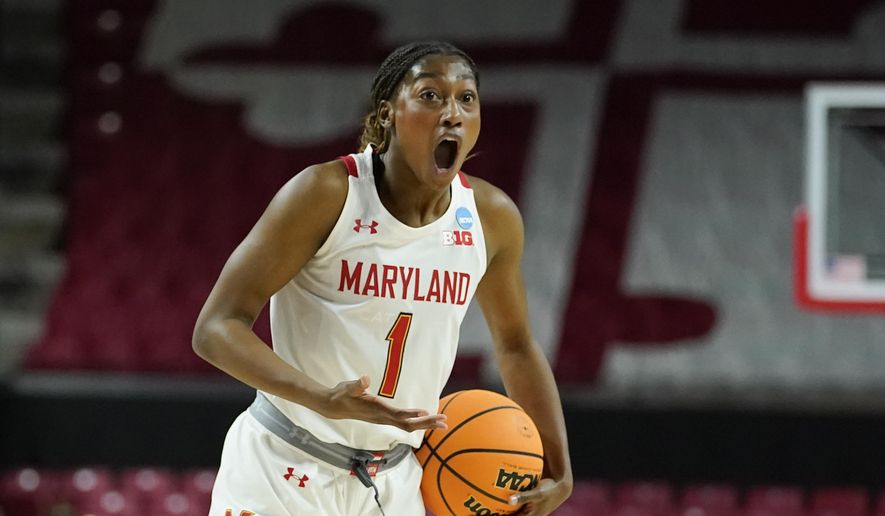 Maryland guard Diamond Miller reacts after a play against Florida Gulf Coast during the first half of a college basketball game in the second round of the NCAA tournament, Sunday, March 20, 2022, in College Park, Md. (AP Photo/Julio Cortez)