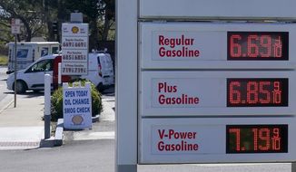 The gasoline price board is shown at a gas station in Menlo Park, Calif., Monday, March 21, 2022. (AP Photo/Jeff Chiu)