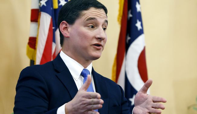 Josh Mandel, a Republican former Ohio treasurer running for an open U.S. Senate seat in Ohio, speaks during a debate against Morgan Harper, a progressive Democrat, Jan. 27, 2022, in Columbus, Ohio. A near-physical altercation in the nasty Republican primary for U.S. Senate in Ohio has led to a demand from some military veterans that one candidate apologize. (AP Photo/Jay LaPrete, File)