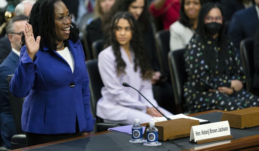 Supreme Court nominee Ketanji Brown Jackson is sworn in during her confirmation hearing before the Senate Judiciary Committee, Monday, March 21, 2022, in Washington. (AP Photo/Evan Vucci)