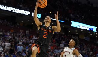 Miami guard Isaiah Wong (2) shoots and scores against Auburn during the second half of a college basketball game in the second round of the NCAA tournament Sunday, March 20, 2022, in Greenville, S.C. (AP Photo/Brynn Anderson)