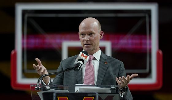 Kevin Willard speaks during a news conference after he was officially introduced as the new head coach of the Maryland men&#39;s NCAA college basketball team, Tuesday, March 22, 2022, in College Park, Md. (AP Photo/Julio Cortez) **FILE**