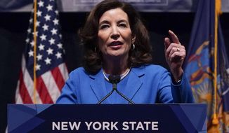 New York Governor Kathy Hochul speaks during the New York State Democratic Convention in New York, Thursday, Feb. 17, 2022.  Two years into New York’s bold quest to eliminate pretrial incarceration for most crimes, state officials are considering abandoning some reforms amid public pressure to curb rising violence.(AP Photo/Seth Wenig)