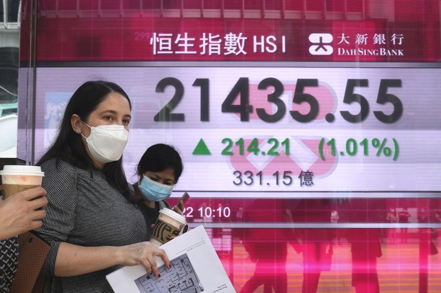 A woman wearing a face mask walks past a bank's electronic board showing the Hong Kong share index in Hong Kong, Tuesday, March 22, 2022. Asian shares were mostly higher Tuesday as investors eyed the war in Ukraine, inflationary risks and surging energy prices. (AP Photo/Kin Cheung)